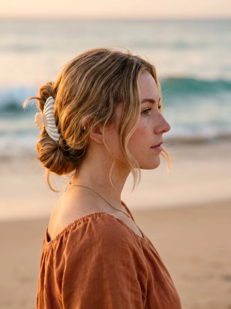 18 Easy Shell Clip Vacation Bun Hairstyles 2 Woman with honey-blonde hair in a low twisted shell clip bun on a sunny beach at golden hour