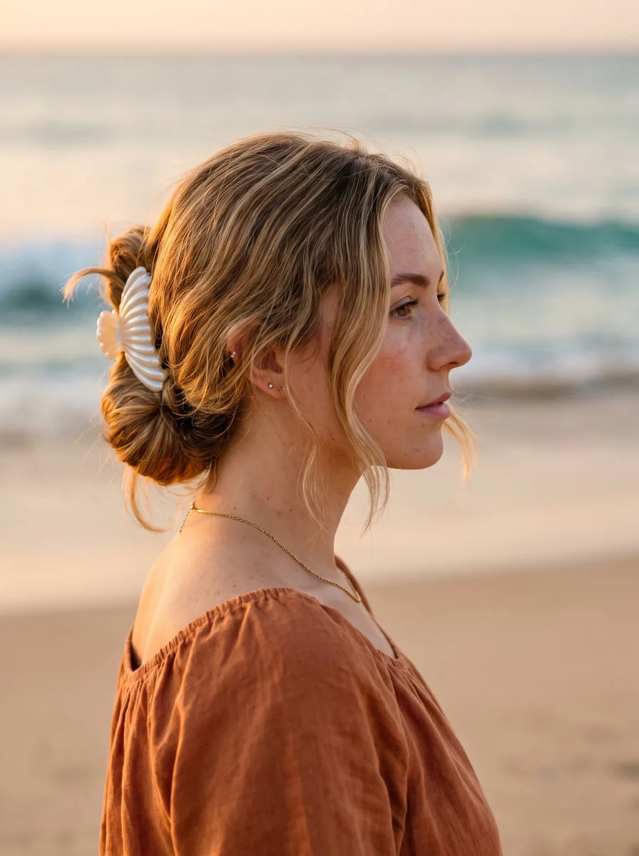 Woman with honey-blonde hair in a low twisted shell clip bun on a sunny beach at golden hour