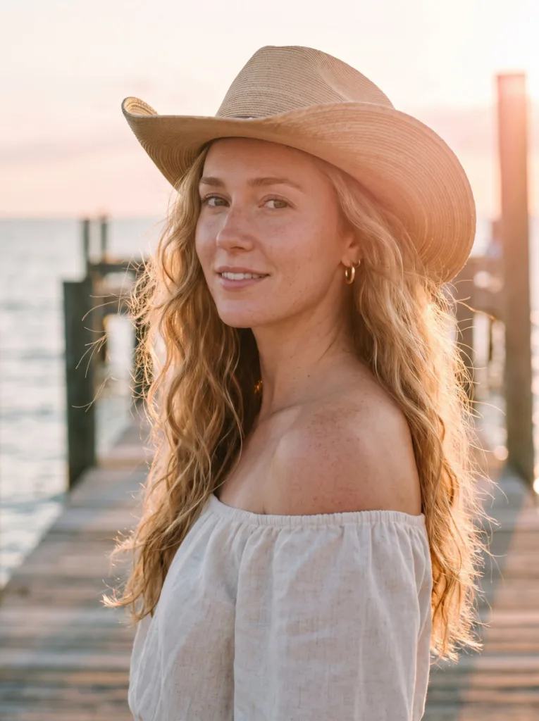 15 Coastal Cowgirl Wave Hairstyles To Steal Now 26 Woman with coastal cowgirl wave hairstyle wearing a straw hat at golden hour on a wooden dock