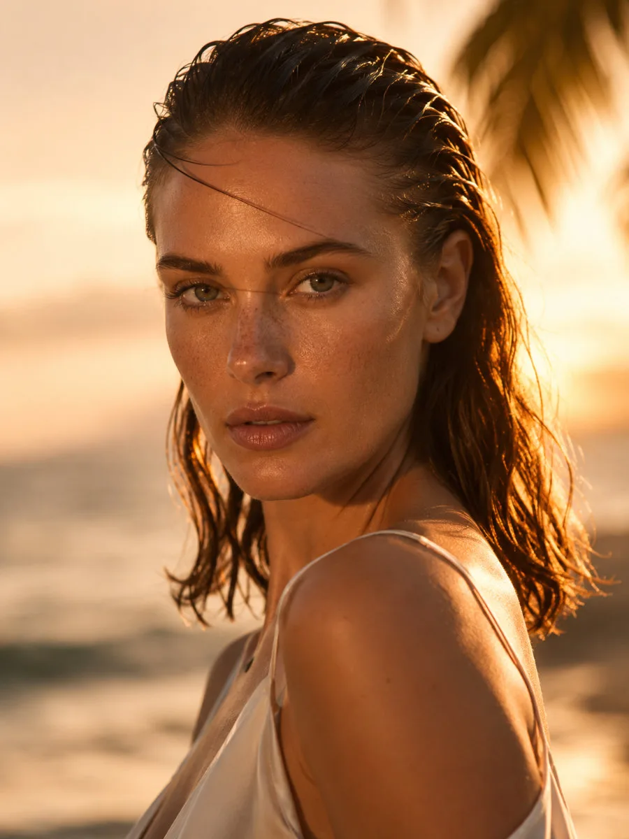 wet look beach glam hairstyles — woman with glossy slicked-back waves transitioning into loose beach waves at golden hour