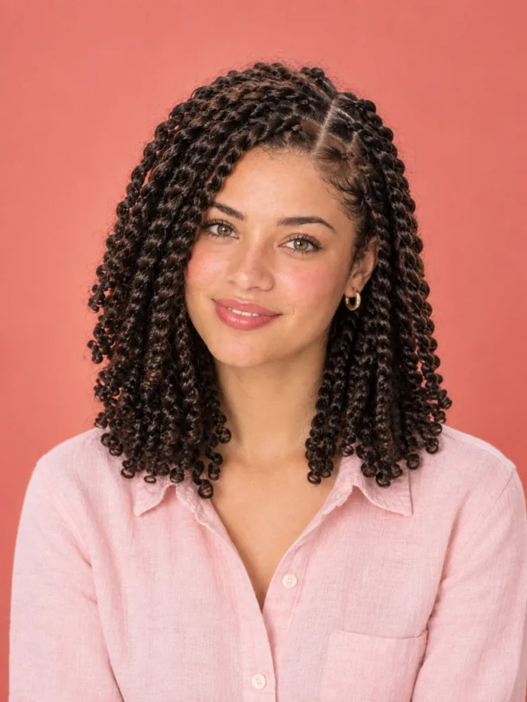 Young woman with shoulder-length two-strand twists, a protective style for natural curls