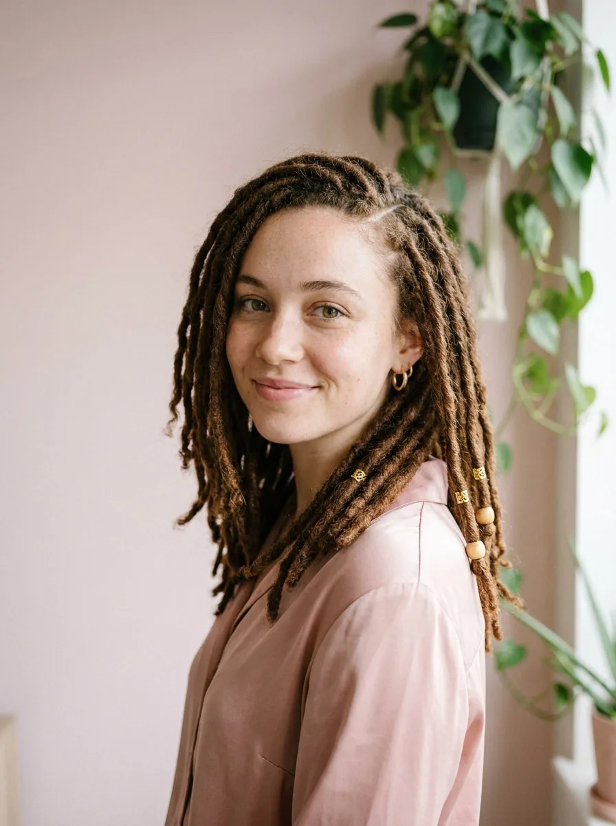 Young woman with shoulder length locs worn down with a side part and gold loc cuffs