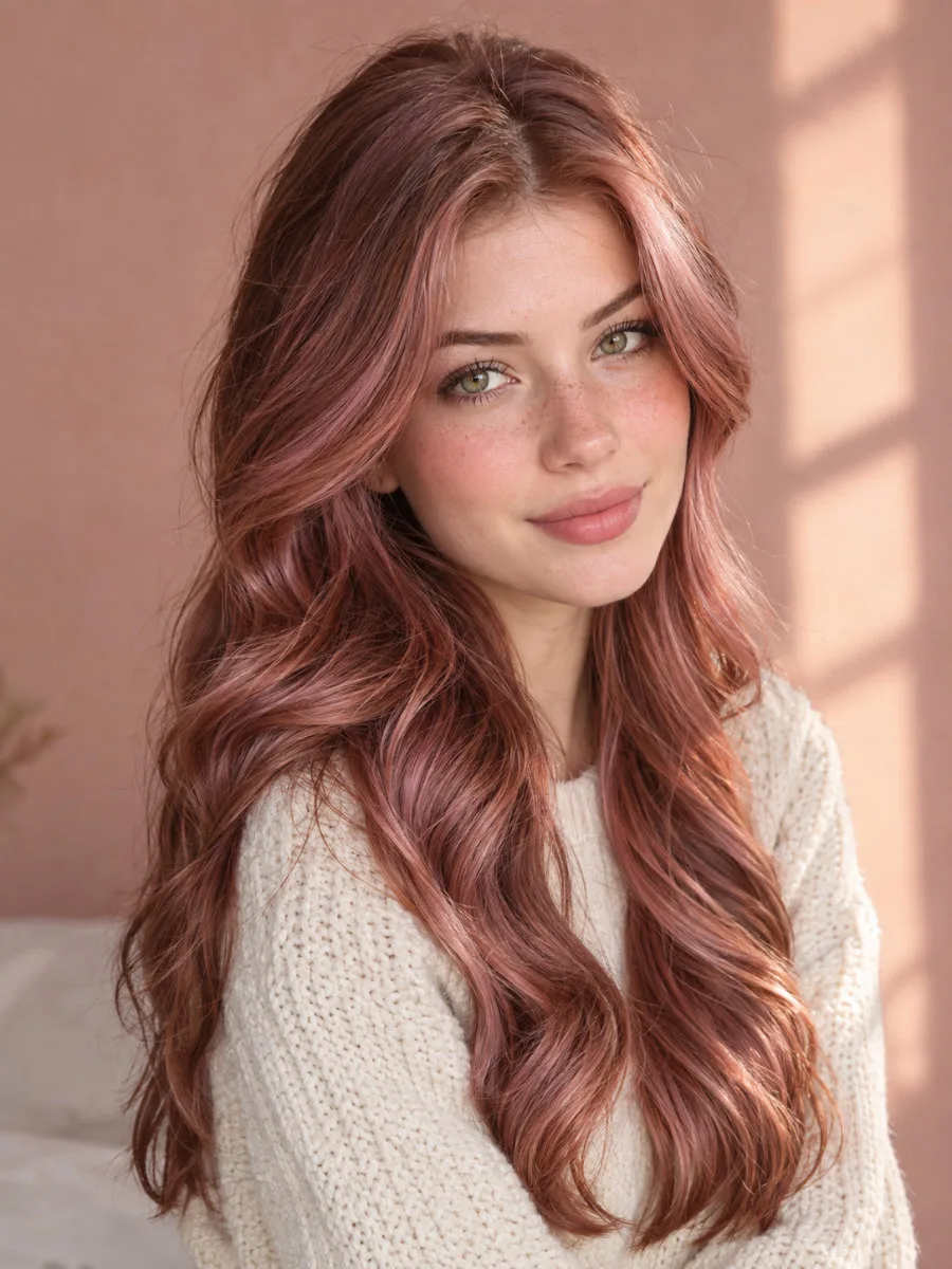 Young woman with long rose-toned cool copper hair color in glossy loose waves