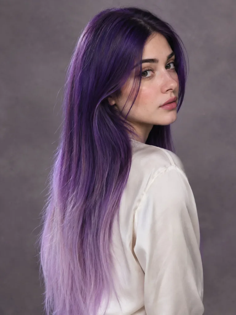 Woman with long violet gradient hair color fading from deep violet roots to lilac ends