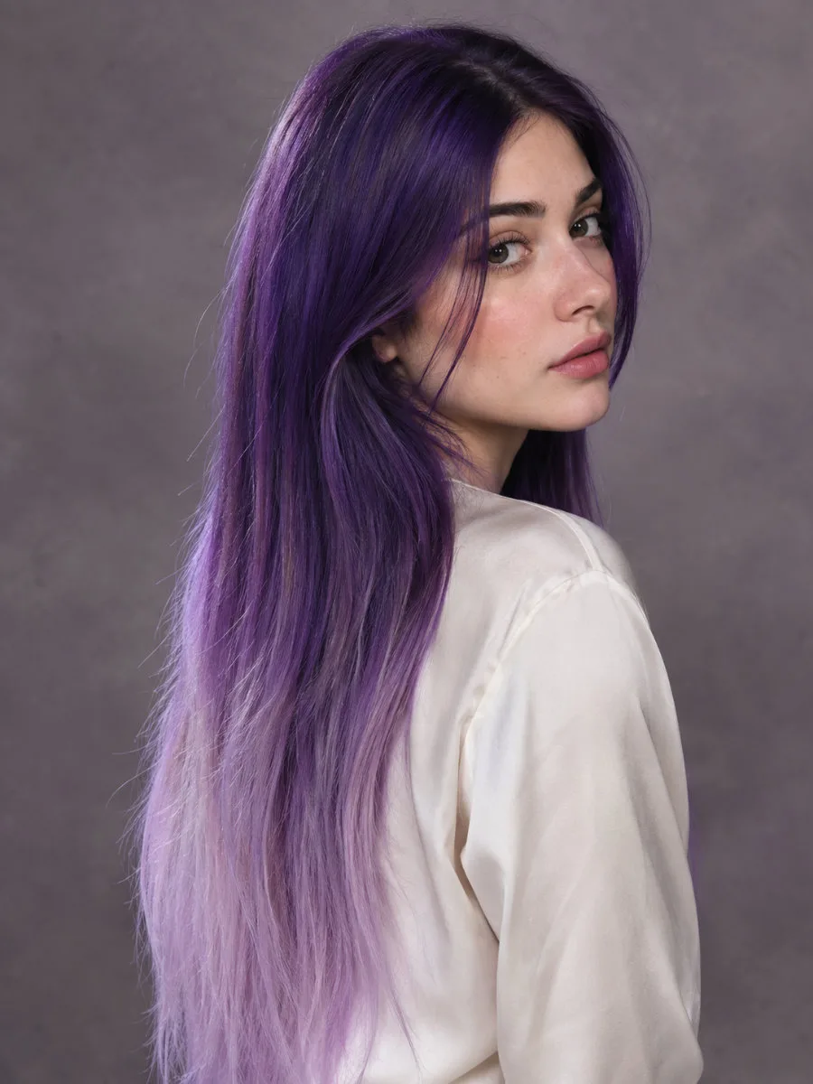 Woman with long violet gradient hair color fading from deep violet roots to lilac ends