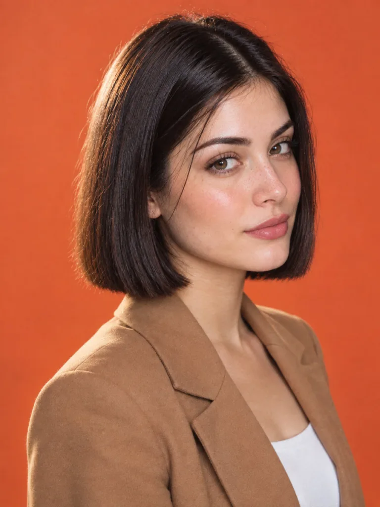 Young woman with a sharp chin length hair style blunt bob in a bright studio portrait
