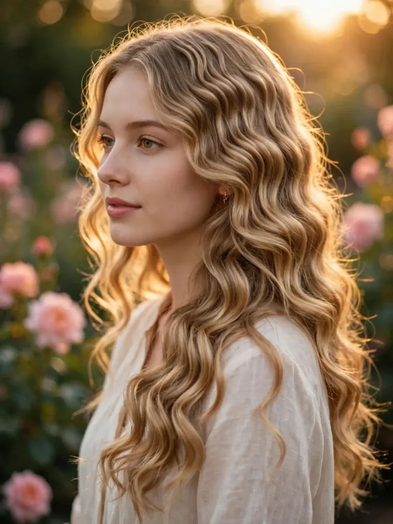 20 Soft Crimped Romance Waves Hairstyles for a Dreamy New Look 1 Woman with soft crimped romance waves hairstyles in honey-blonde hair