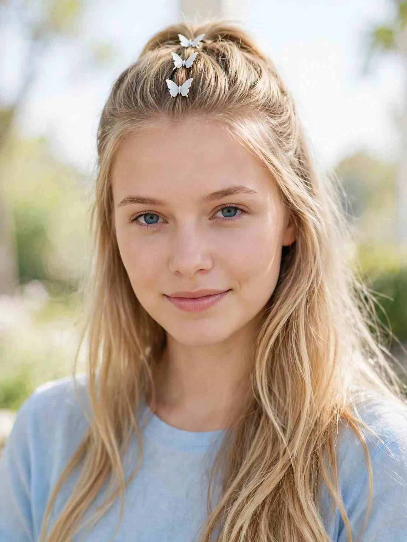 Half-up hairstyle with three mini butterfly clips stacked down the gathered section
