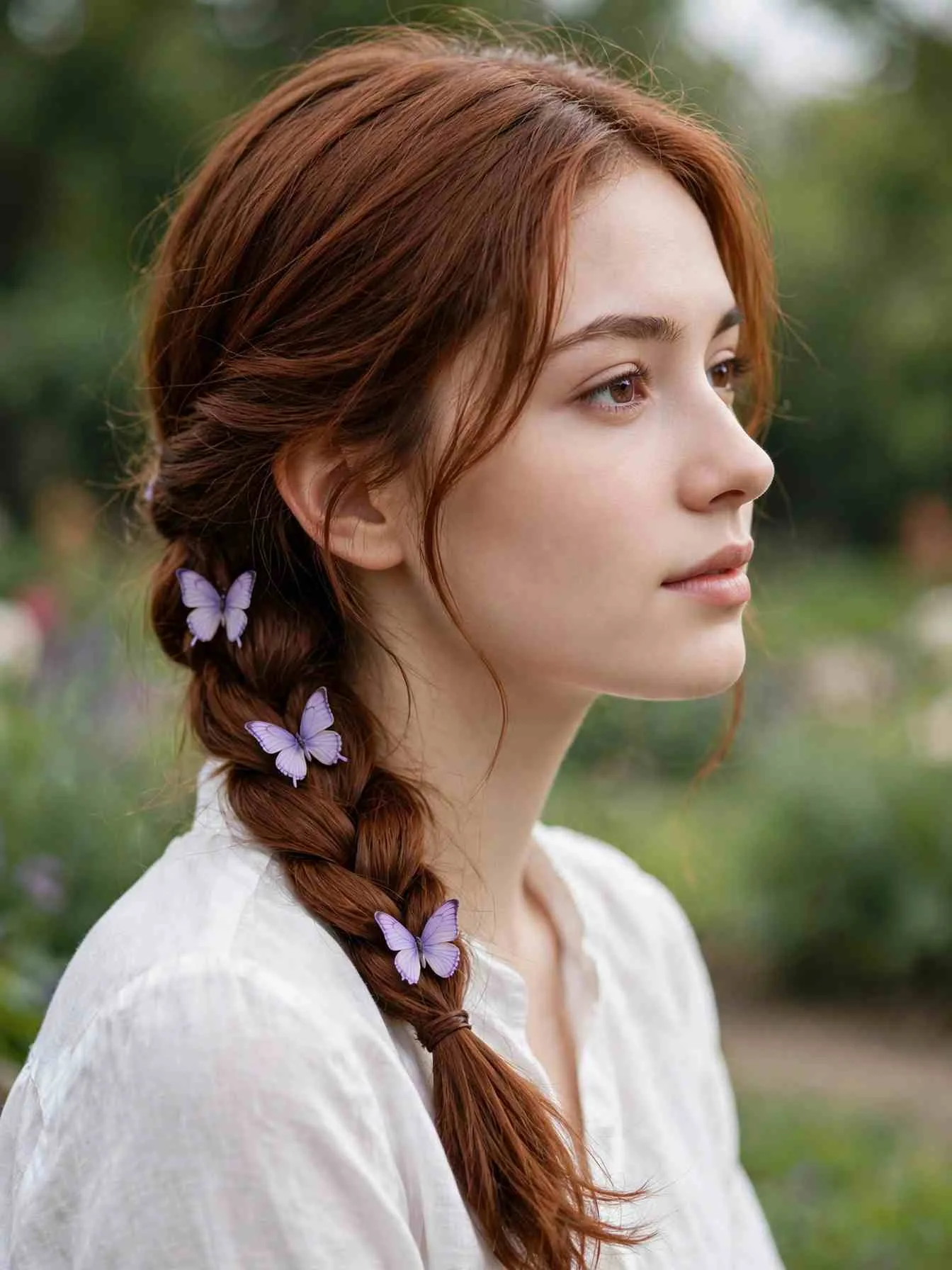 Side braid with three mini butterfly clips spaced along the braid
