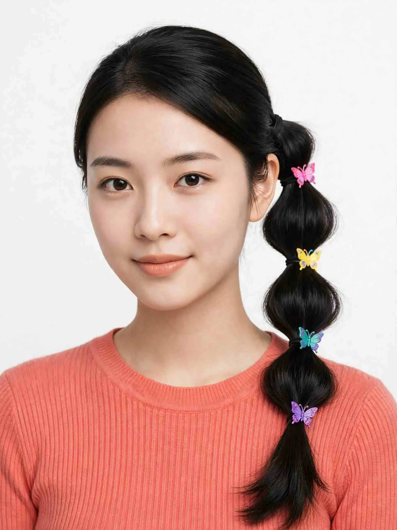 Bubble ponytail with butterfly clips covering each elastic