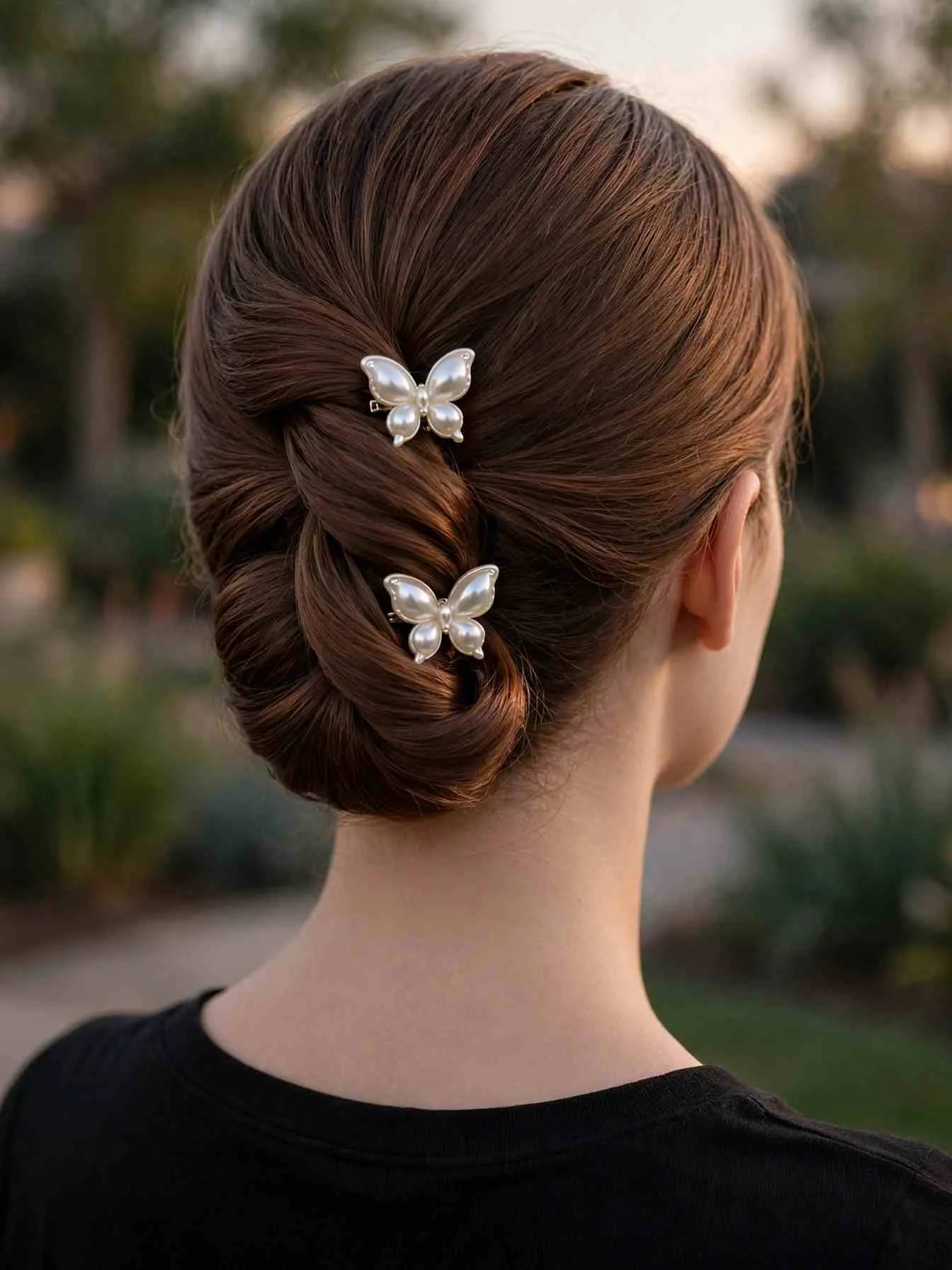 French twist held with two medium butterfly clips along the seam