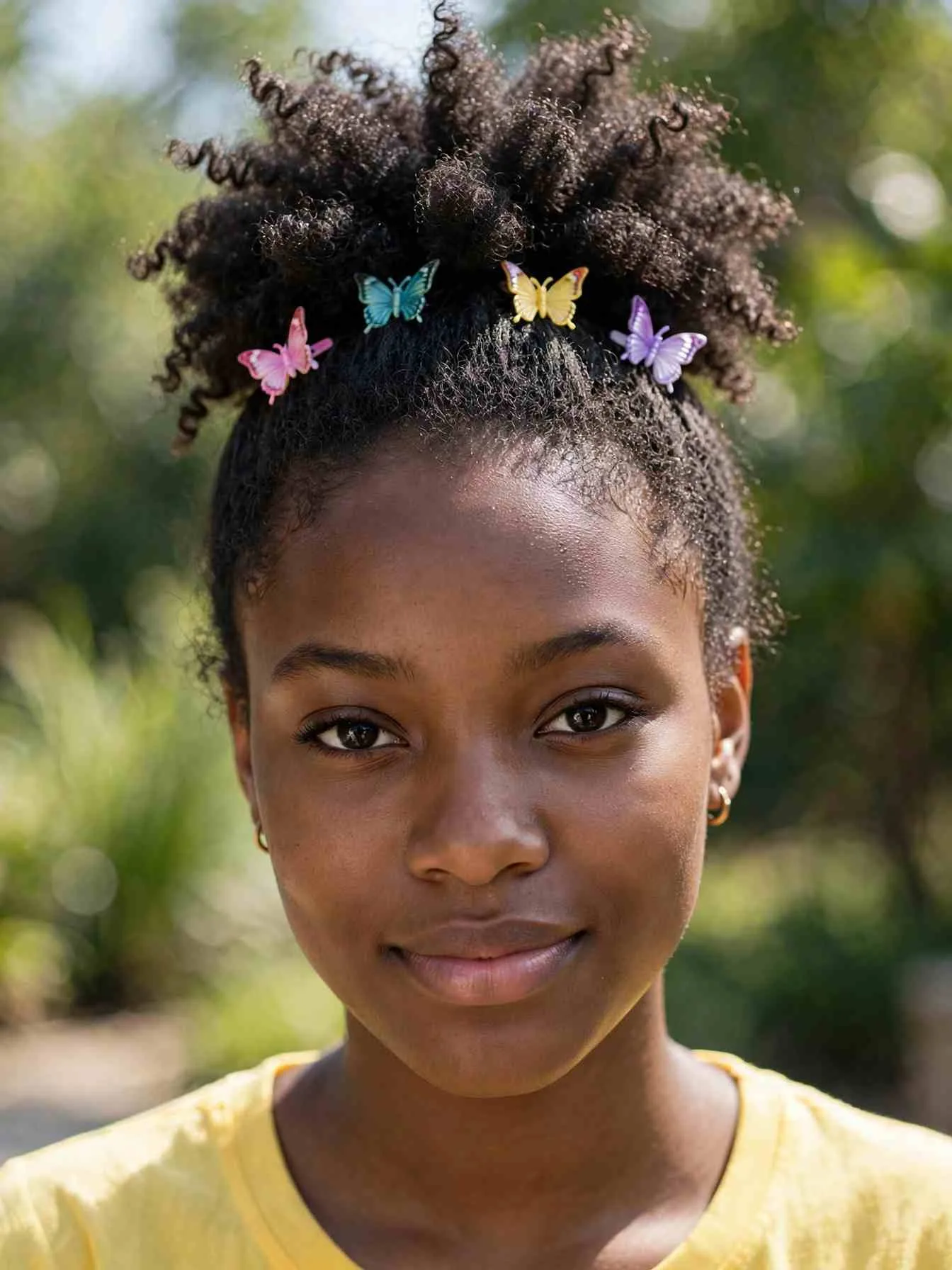Curly pineapple puff with mini butterfly clips around the base
