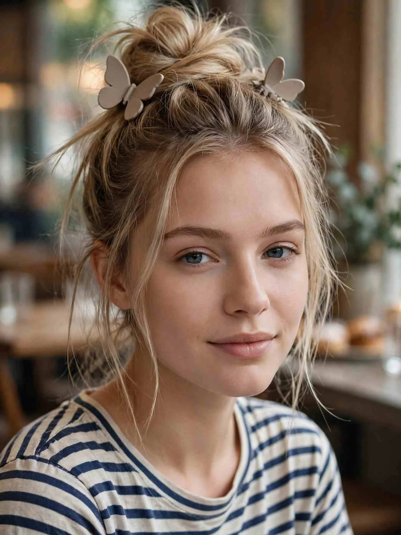 Messy top knot pinned with two medium butterfly clips