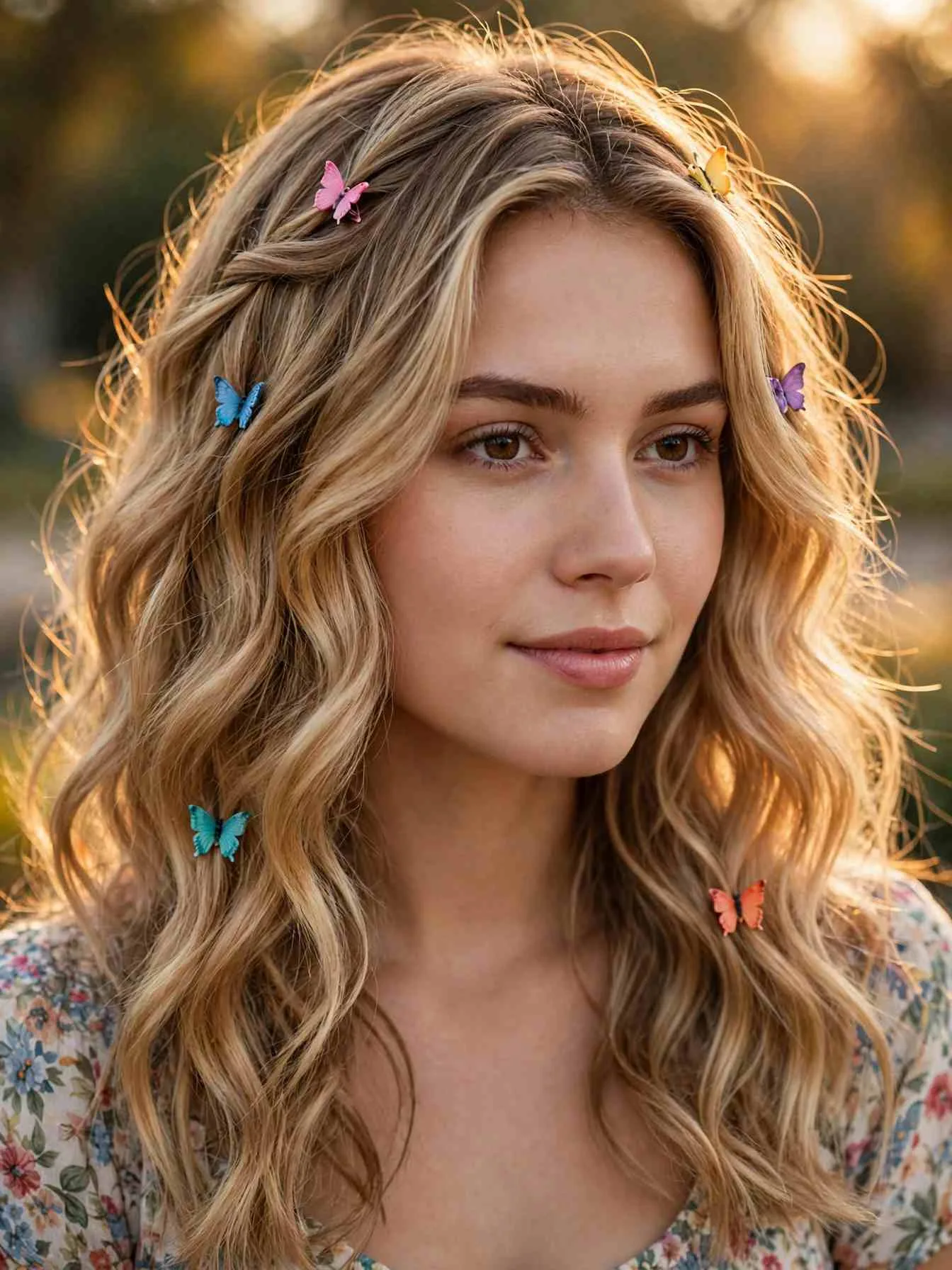 Loose waves with mini butterfly clips scattered through the hair