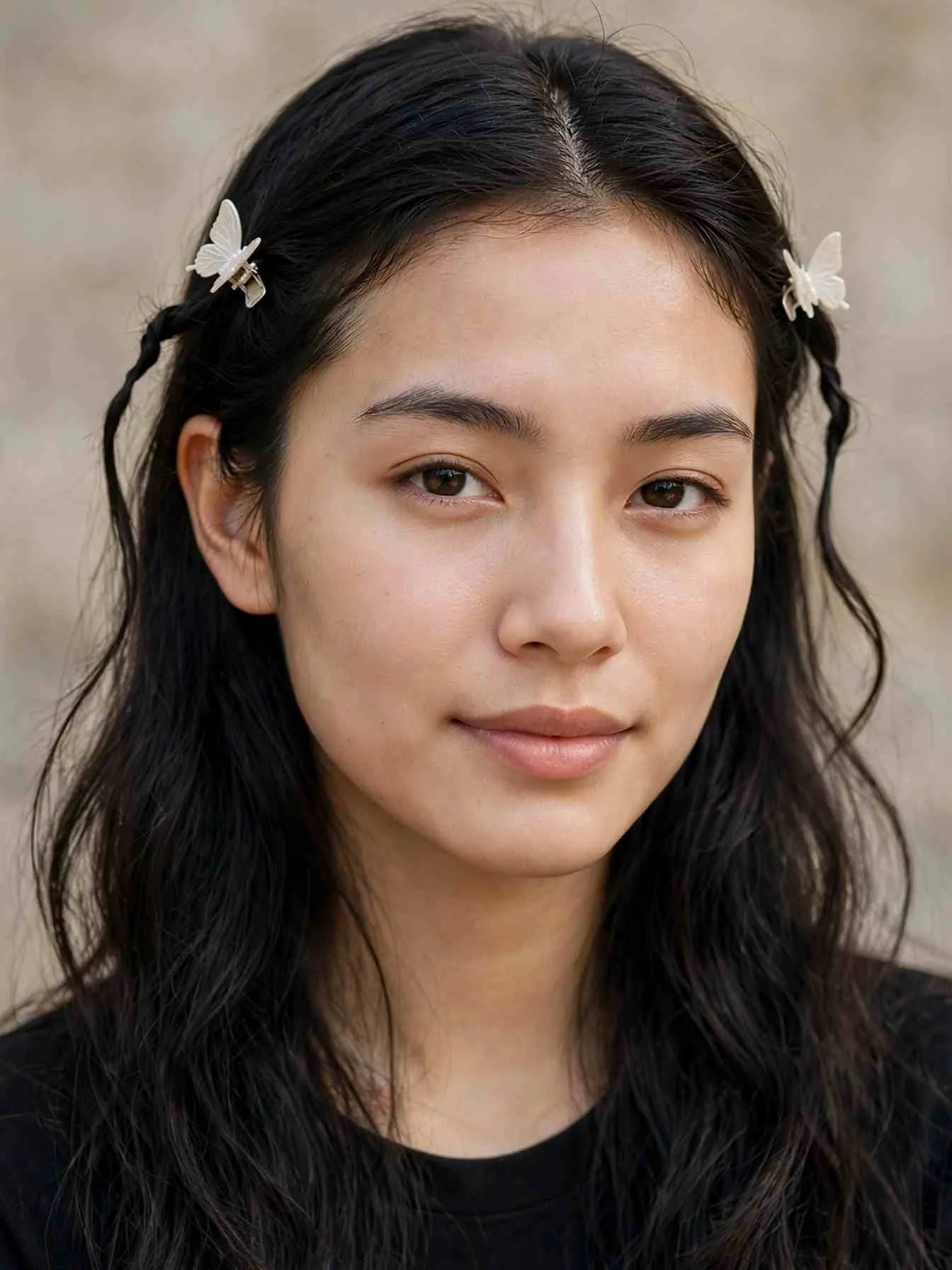 Face-framing tendrils clipped above the ears with mini butterfly clips