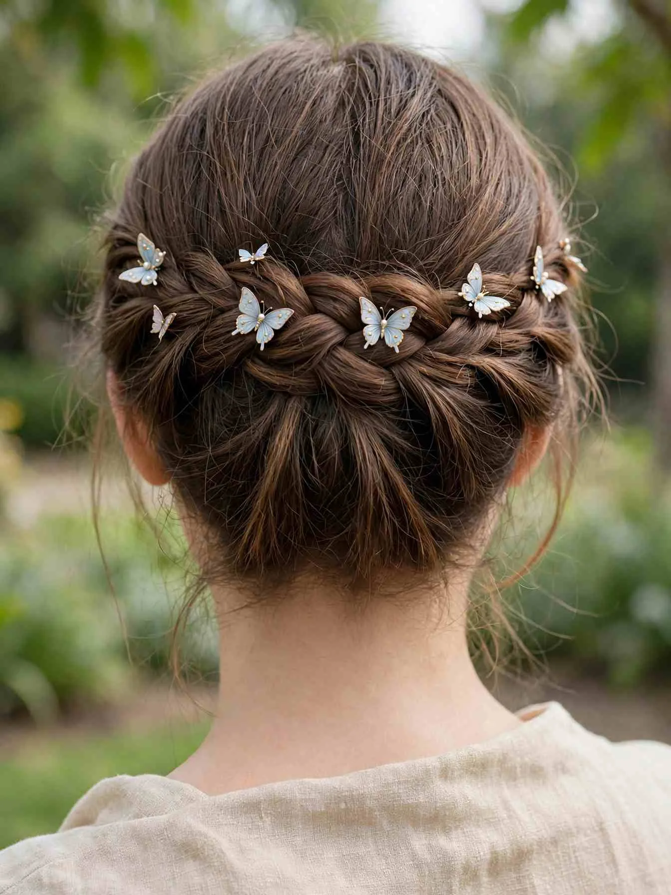 Waterfall braid with butterfly clips marking the falling strands