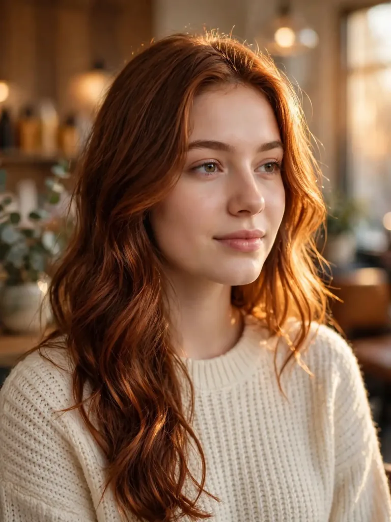 Auburn copper hair color inspiration: long wavy auburn copper hair with golden reflect in warm light