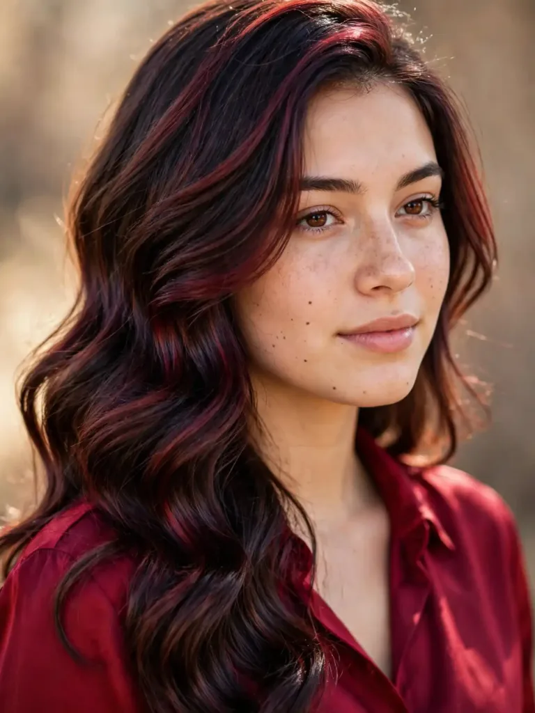 Woman with cherry cola brunette hair glowing with black cherry shine in daylight