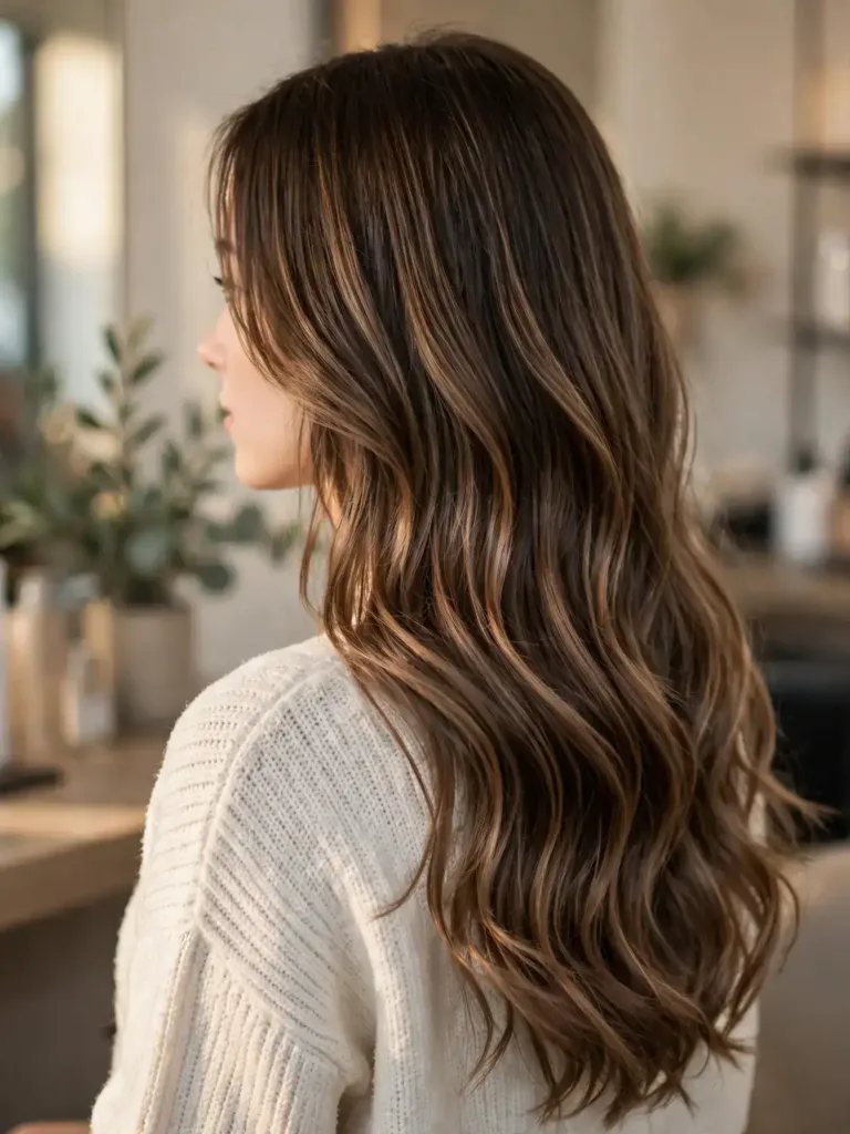 Chocolate mocha balayage on long wavy brunette hair with soft dimension