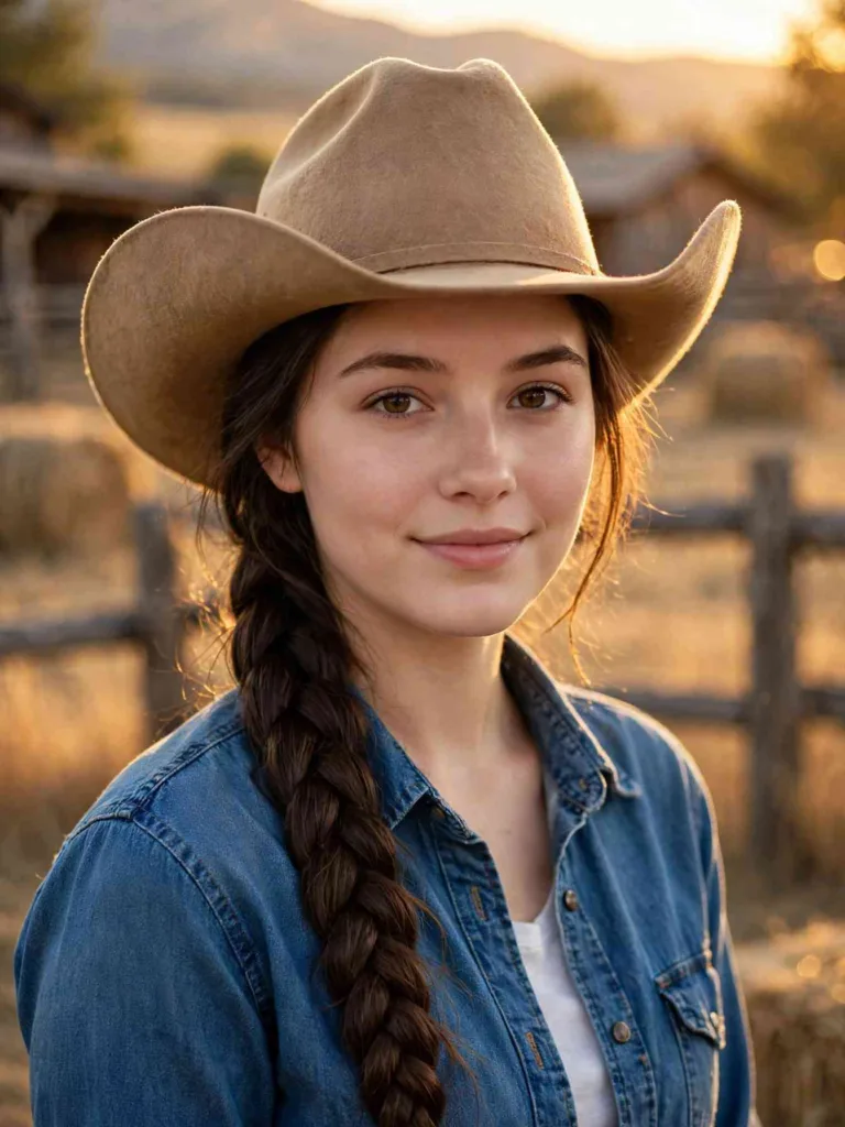 Woman in a tan cowboy hat showing one of these cowgirl hairstyles, a long low braided ponytail, at golden hour on a ranch