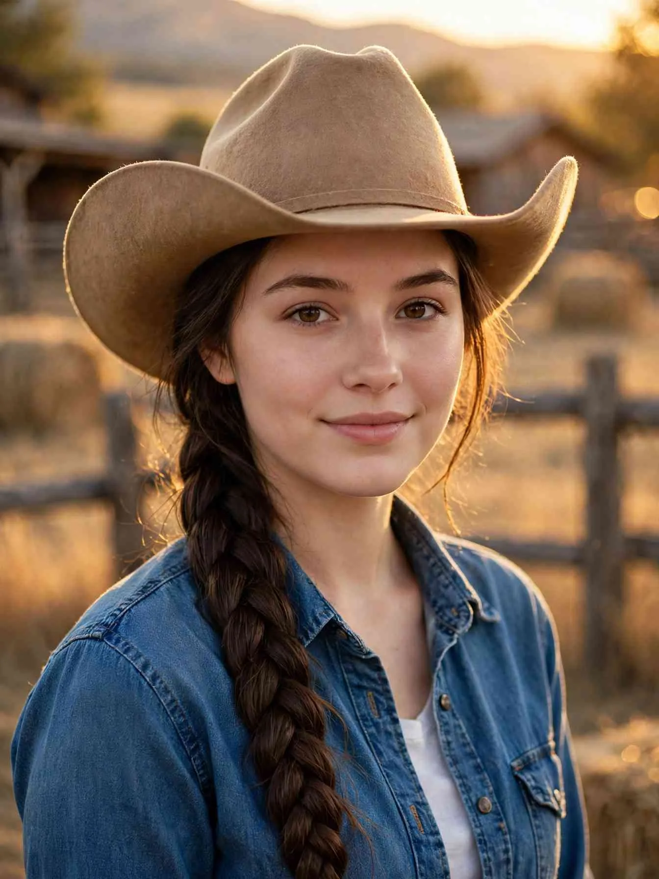 Woman in a tan cowboy hat showing one of these cowgirl hairstyles, a long low braided ponytail, at golden hour on a ranch