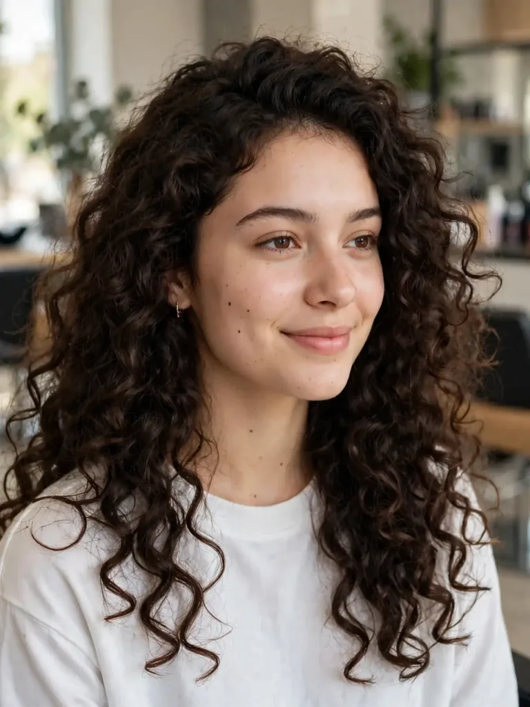 Curly hairstyle ideas: woman with voluminous defined dark brown curls