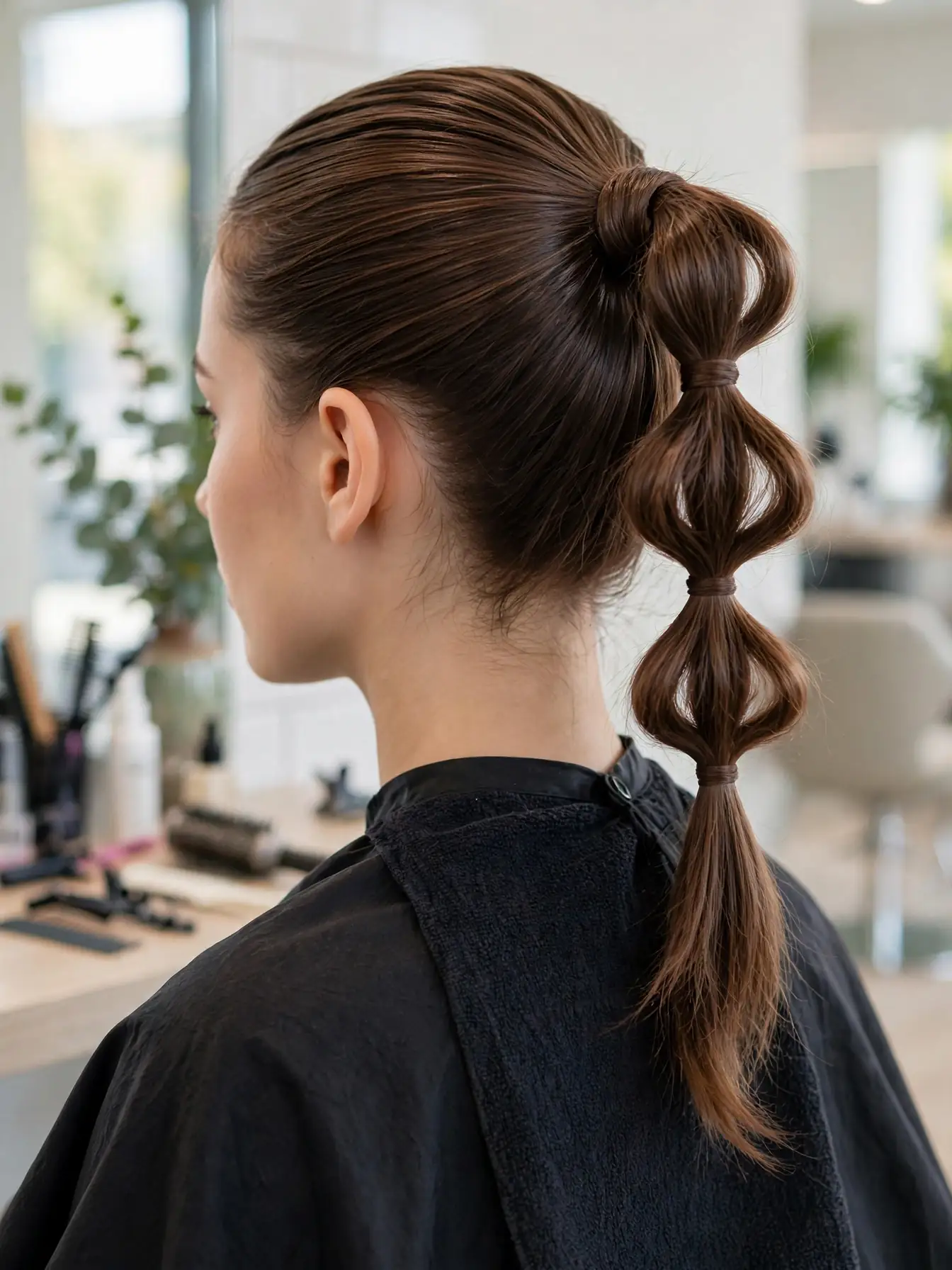 Woman wearing the infinite knot ponytail hairstyle in a high ponytail with visible looped knots