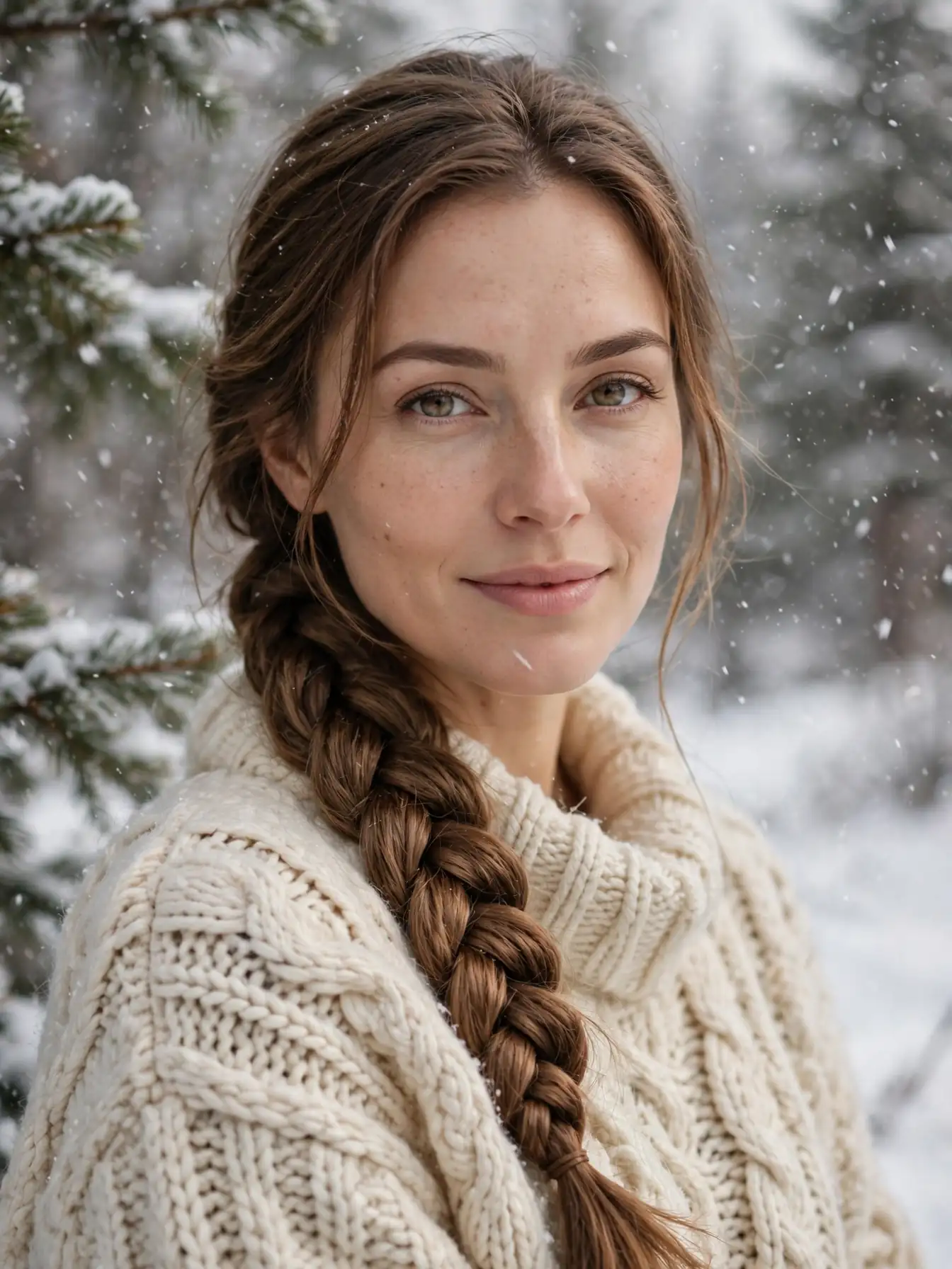 Winter cozy braided hairstyles: woman with a thick fishtail side braid in a knit sweater with snow falling