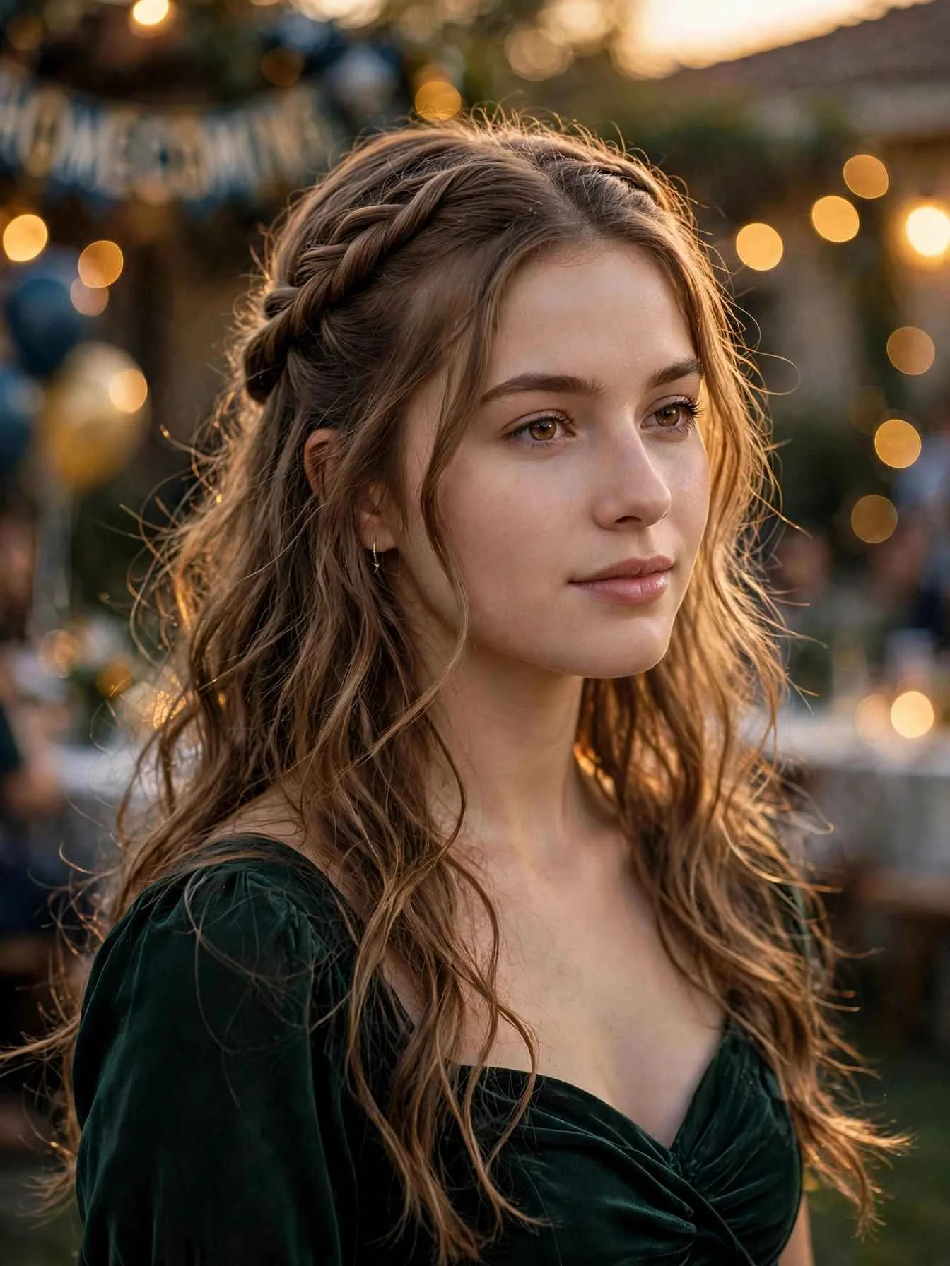 Hoco half up half down hairstyles for fall homecoming: twisted crown half-up with soft waves
