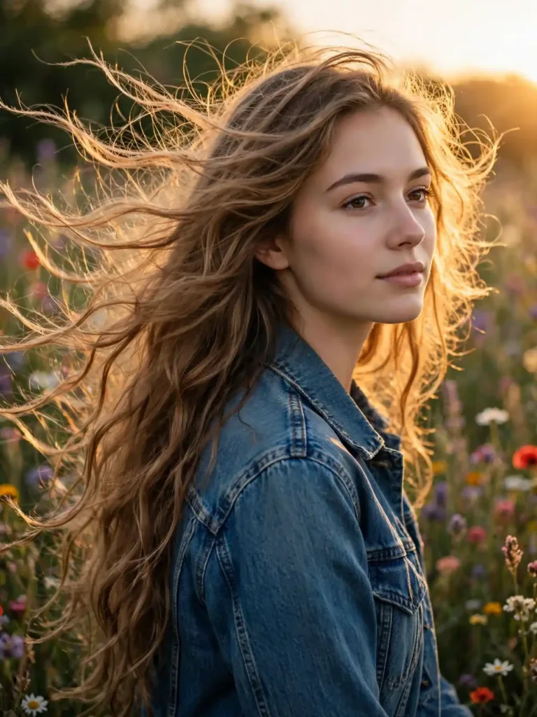 Effortless waves with a wild spirit on long windblown hair at golden hour