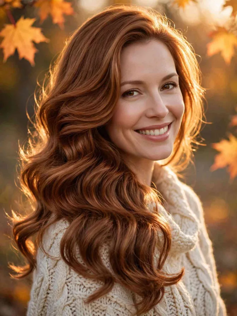 Woman with auburn blowout waves in a cream knit sweater at golden hour — thanksgiving hairstyle inspiration