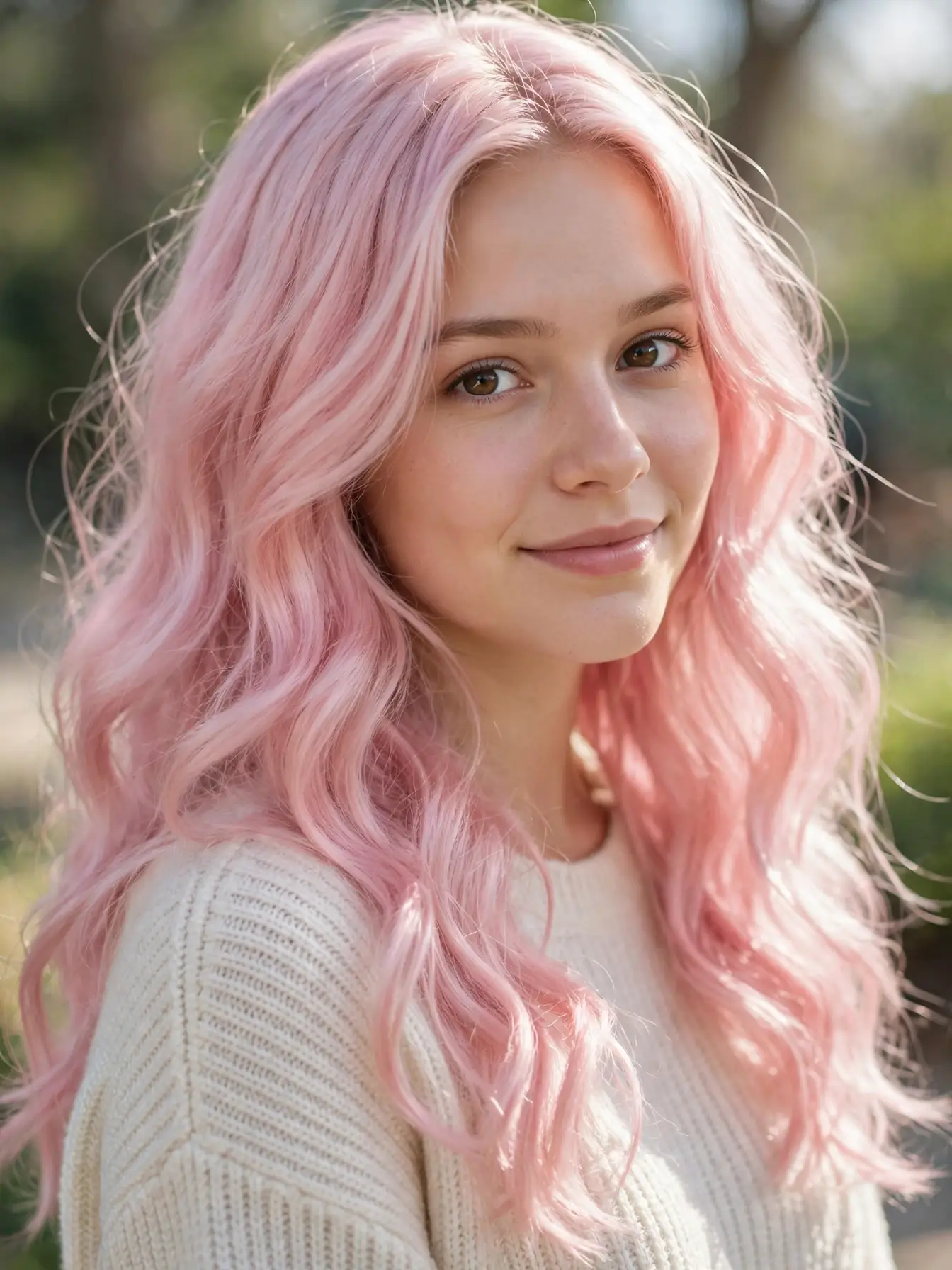 A young woman smiling softly with long soft cotton candy pastel pink waves hairs falling over her shoulders in bright airy daylight.