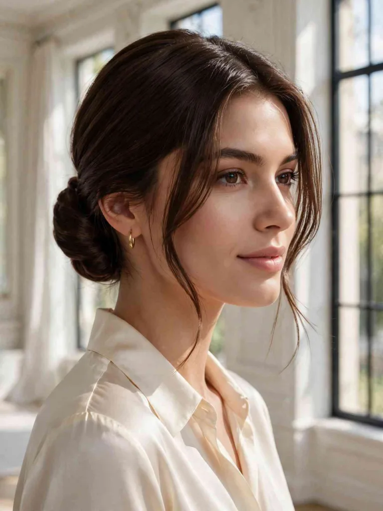 Young woman with chocolate-brown hair in a sleek low chignon, an elegant example of old money hairstyles