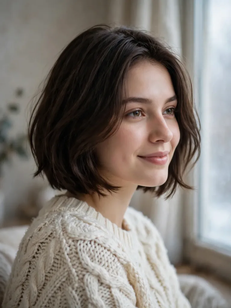 Winter bob haircuts: a chic chin-length textured bob with soft layers on a woman in a cream knit sweater, photographed in soft cool winter window light