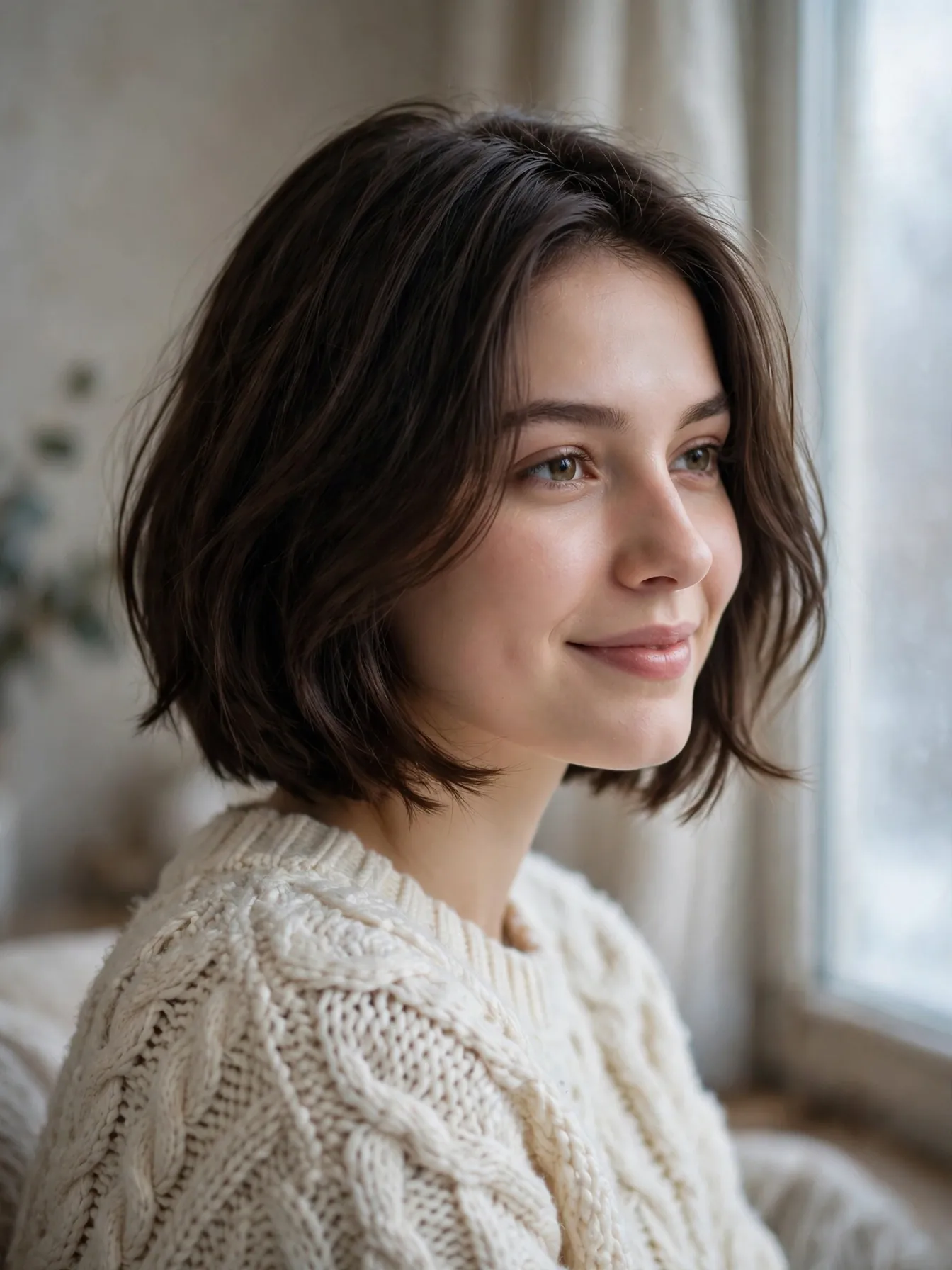 Winter bob haircuts: a chic chin-length textured bob with soft layers on a woman in a cream knit sweater, photographed in soft cool winter window light