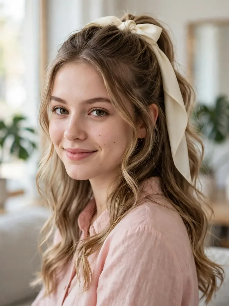 Scarf tied half up waves hairstyles: long soft waves in a half-up style with a cream silk scarf tied in a bow at the base, woman in a blush pink blouse