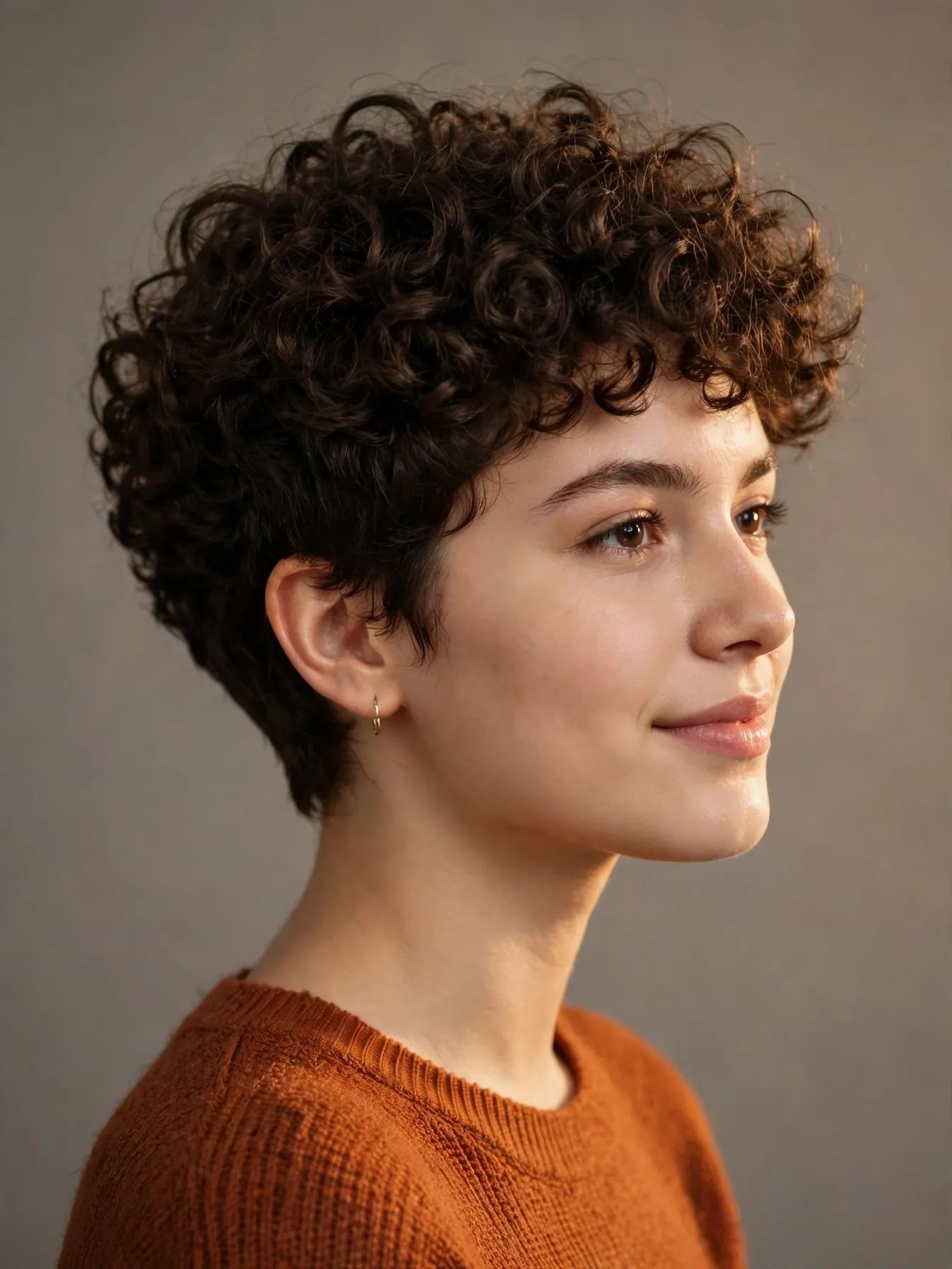 Curly pixie haircut: a voluminous rounded curly pixie with defined springy curls, worn with a rust knit top in warm studio light