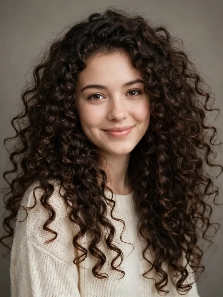 Big curls hairstyle with voluminous bouncy dark brown curls