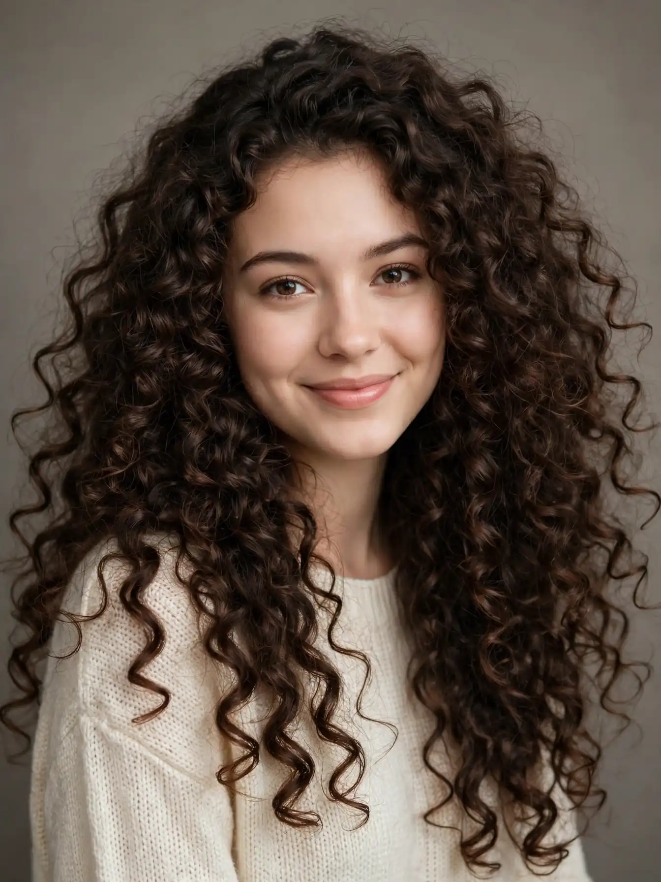 Big curls hairstyle with voluminous bouncy dark brown curls
