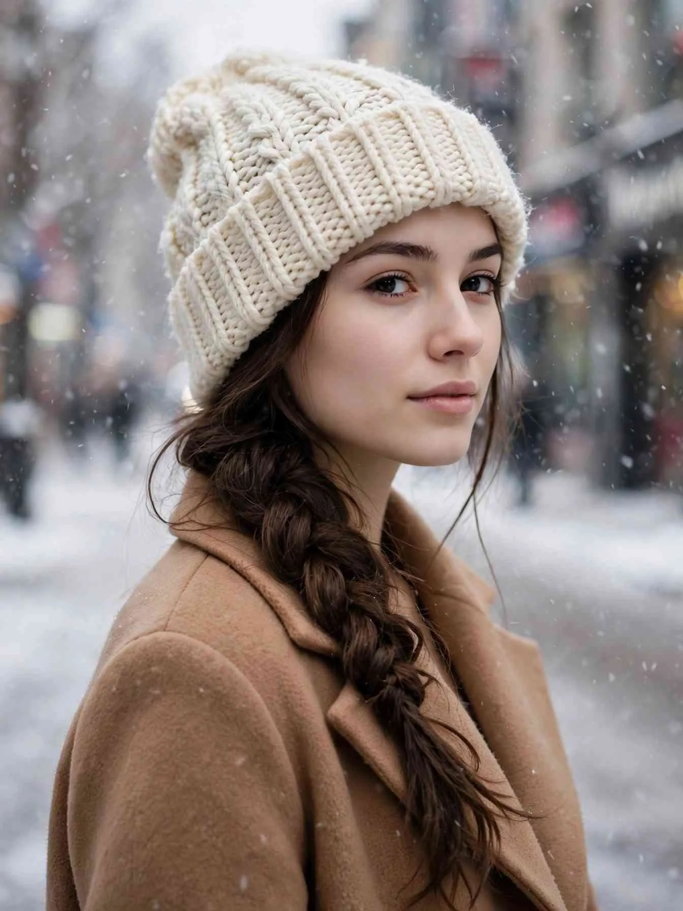 Woman showing winter hat hairstyles: loose side braid worn under a chunky knit beanie