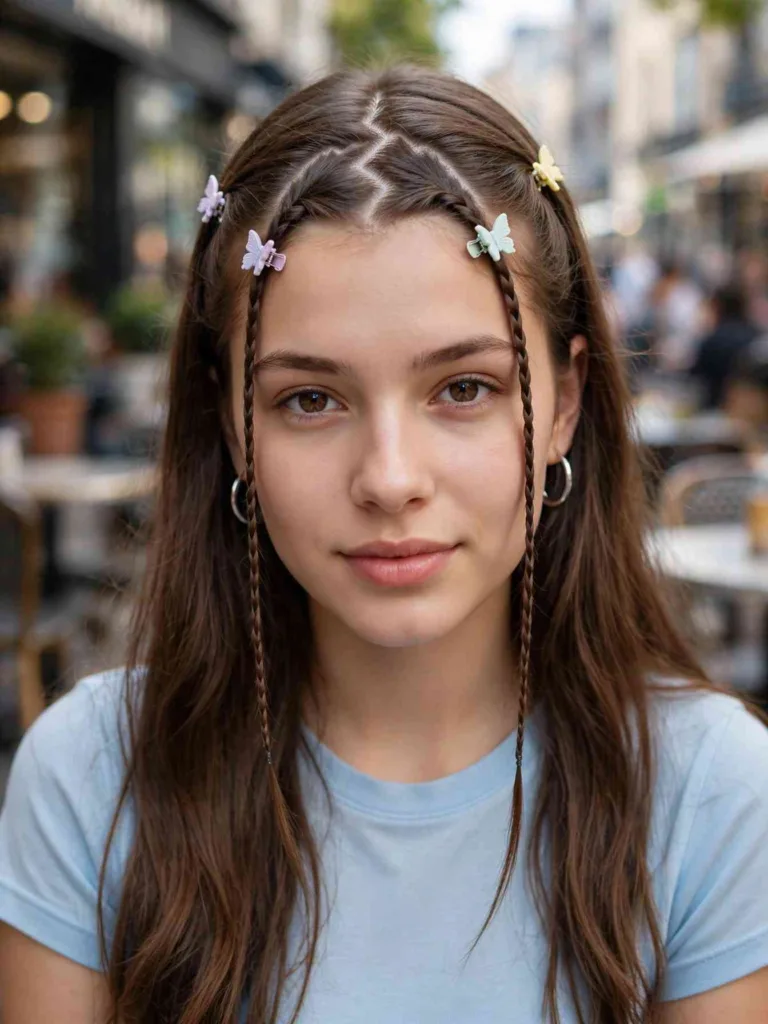 Woman wearing y2k hairstyles with a zigzag part, baby braids, and butterfly clips