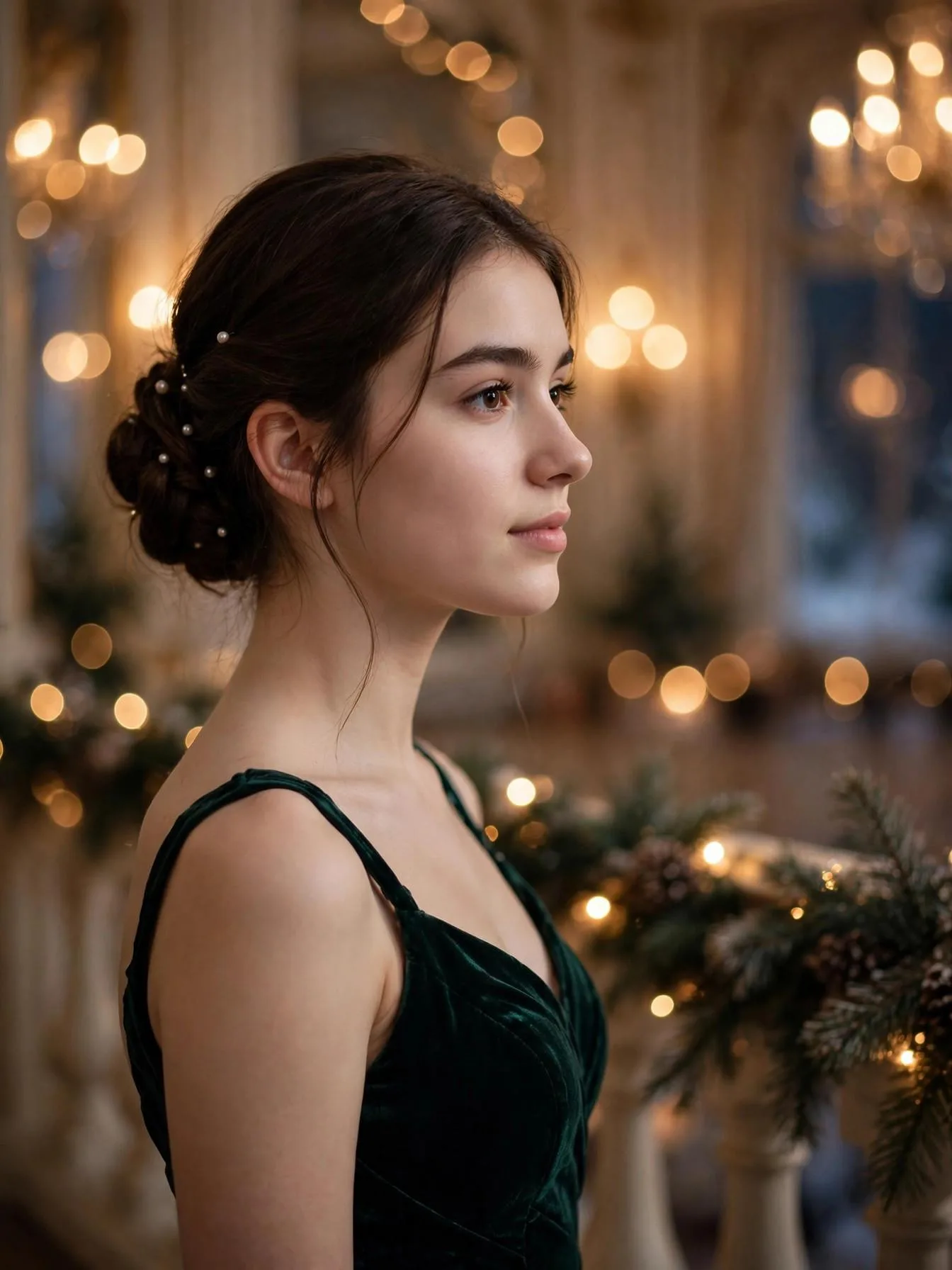 Winter formal hairstyles in a low chignon with pearl pins at a winter ball
