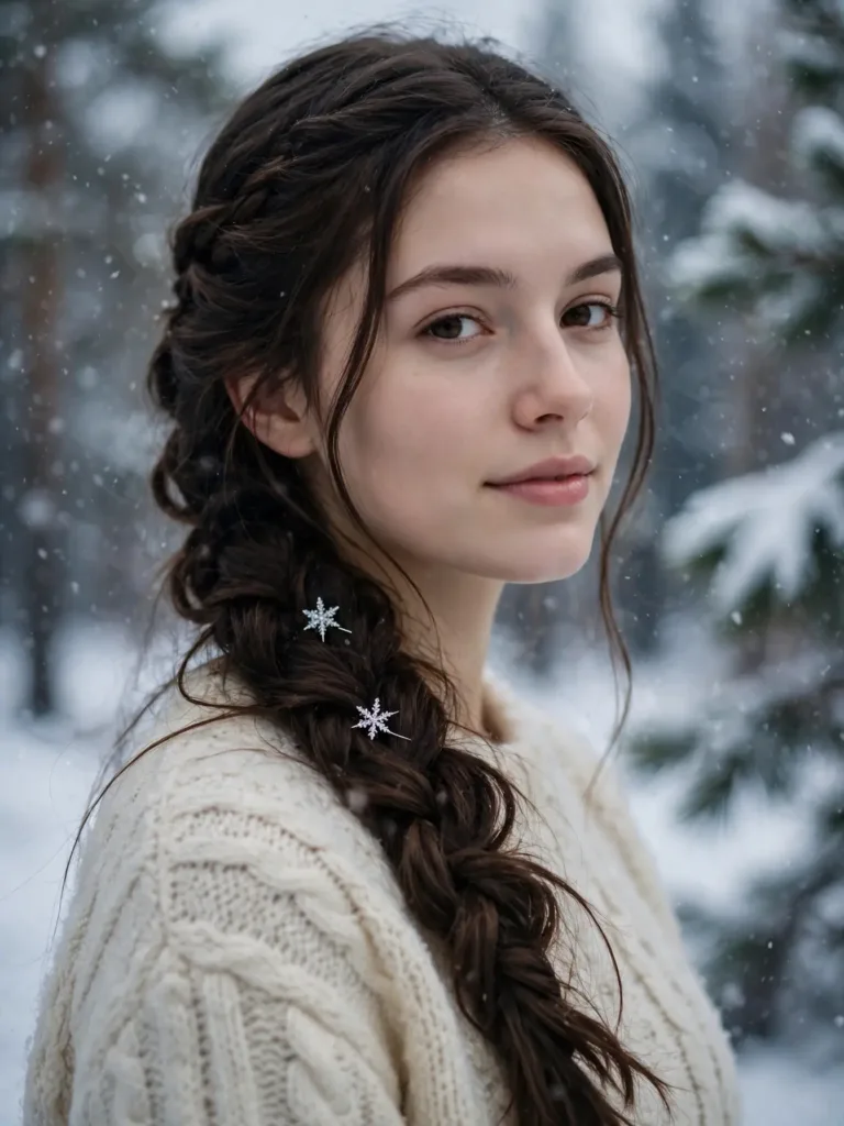25 Best Snowy French Braid Hairstyles for Winter Days 30 Snowy french braid hairstyle on a woman in her early 20s with snowflake pins, photographed in falling snow
