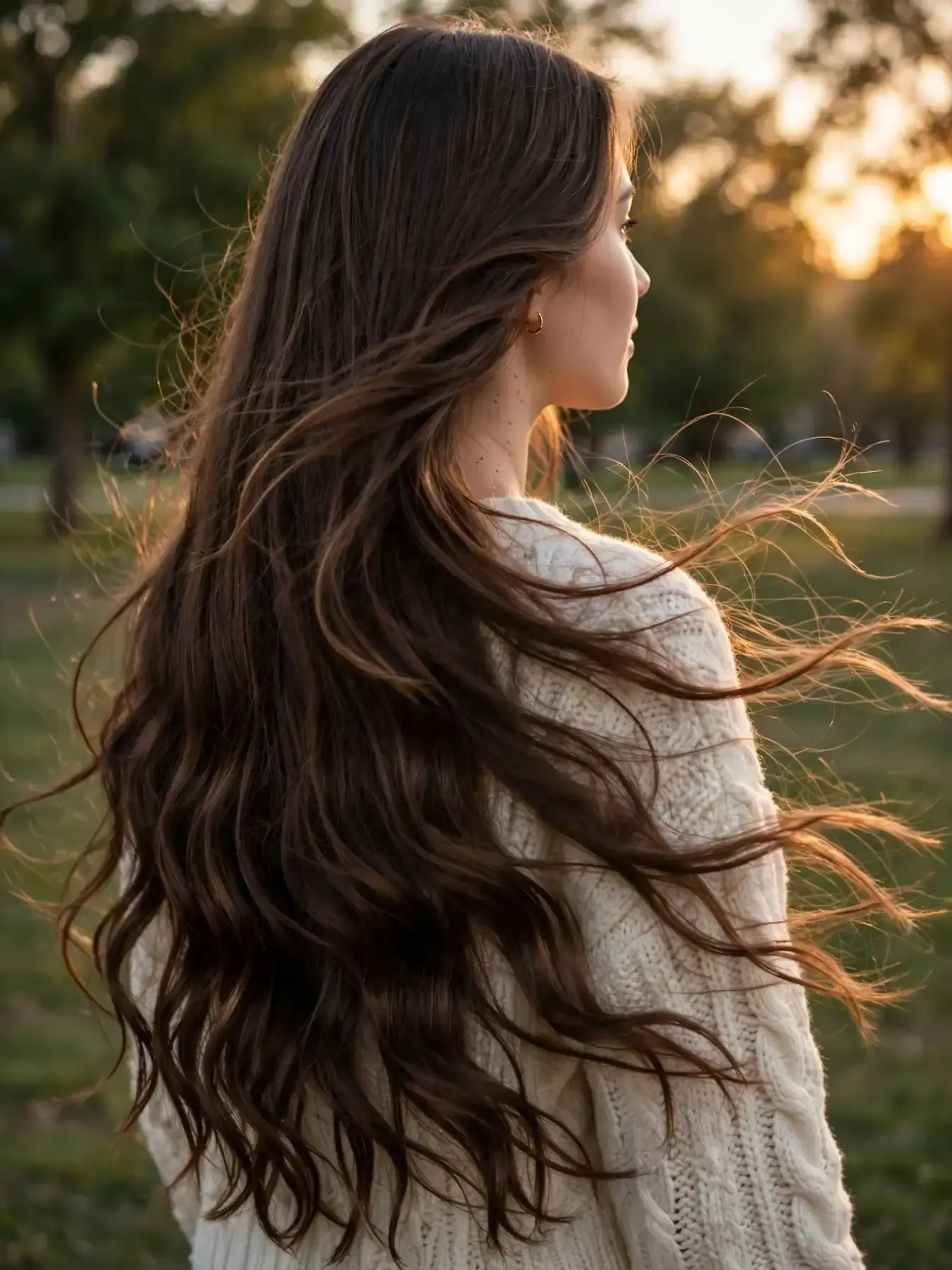 Lengthy wavy hairstyle with soft, flowing waves on very long brunette hair