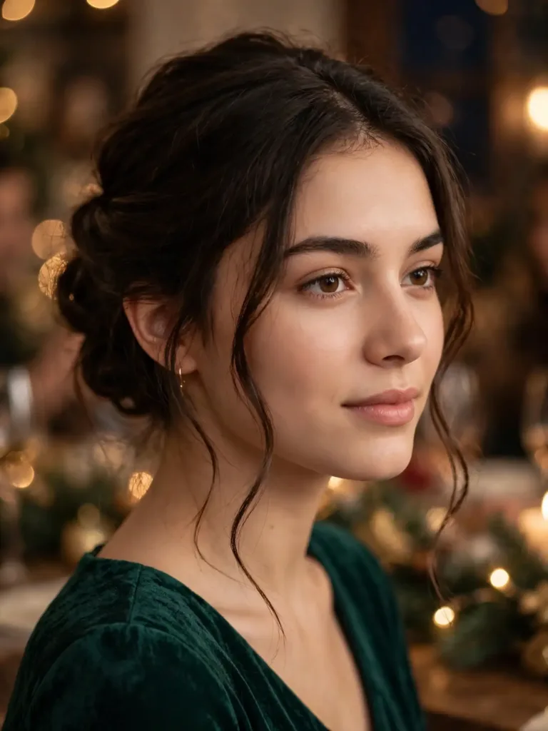 Soft holiday French twist hairstyle with a loosened vertical roll and face-framing pieces at a holiday party