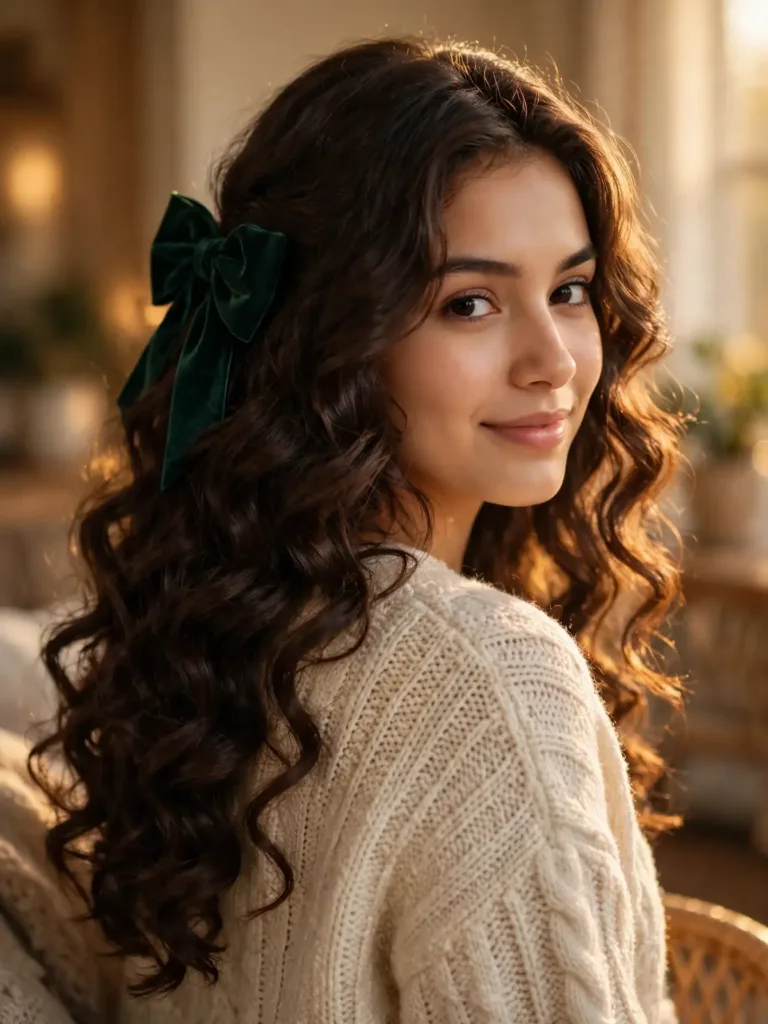 22 gorgeous curls velvet charm hairstyles: long soft romantic curls with a large emerald green velvet bow
