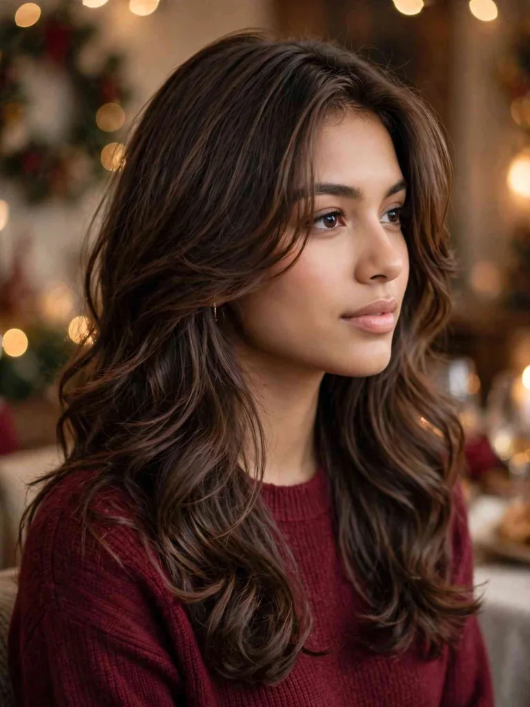 Holiday layer hairstyles: long layered waves with face framing layers at a winter party
