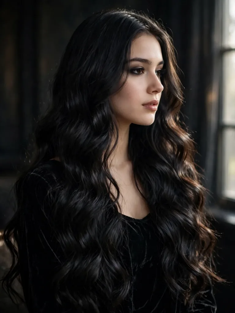 Long romantic goth waves in glossy jet black, styled loose and flowing over the shoulders