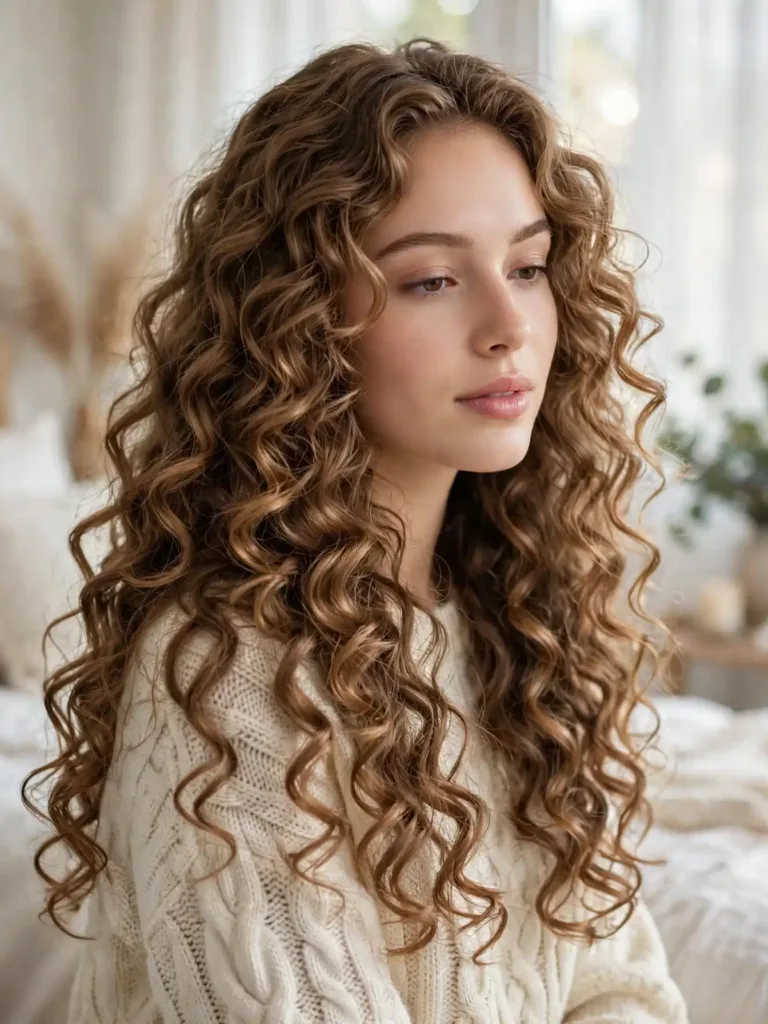 Heatless robe belt curl hairstyles: woman with long bouncy overnight curls and natural makeup