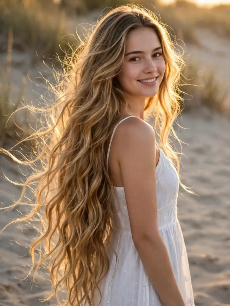Loose beachy waves hairstyle ideas on long sunlit hair with soft texture